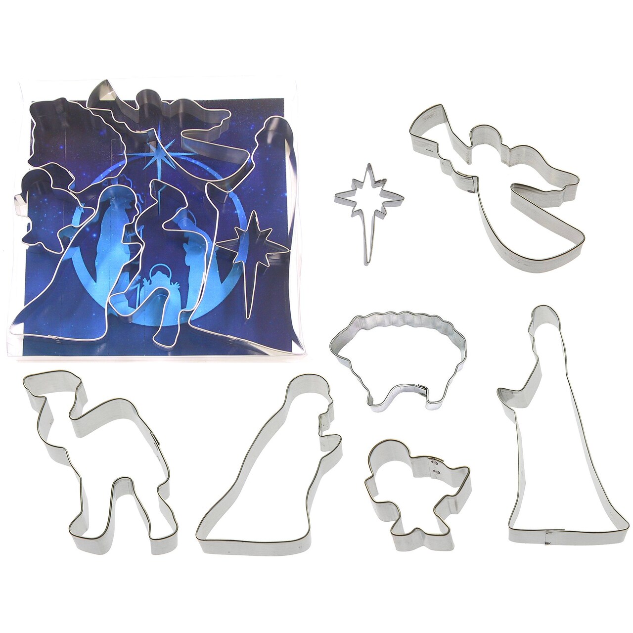 CookieCutter.com Nativity 7 Piece Cookie Cutters Set, Joseph, Mary, Manger, Camel, Star of East, Angel, Tin Plate Steel, USA